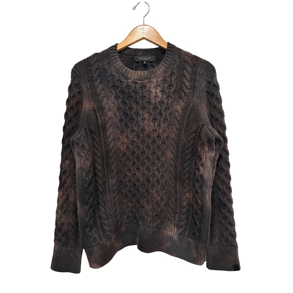 Rag & Bone Brown Black Cable Knit Acid Wash Sweater Women Medium Cotton Wool
